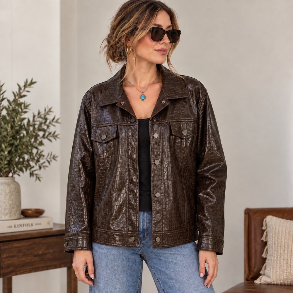 FU DA New York XL Brown Croc Embossed Faux Leather Trucker Jacket READ